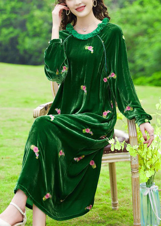 Chic Green Ruffled Embroideried Floral Silk Velour Maxi Dresses Spring LY0697