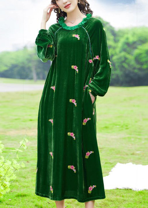 Chic Green Ruffled Embroideried Floral Silk Velour Maxi Dresses Spring LY0697 - fabuloryshop