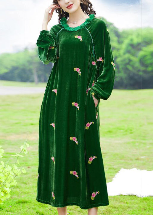 Chic Green Ruffled Embroideried Floral Silk Velour Maxi Dresses AC3004