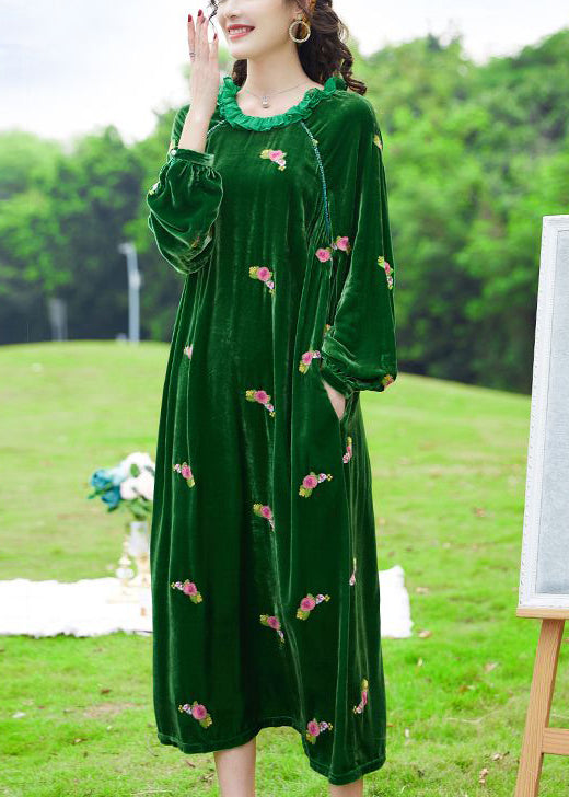 Chic Green Ruffled Embroideried Floral Silk Velour Maxi Dresses Spring LY0697 - fabuloryshop