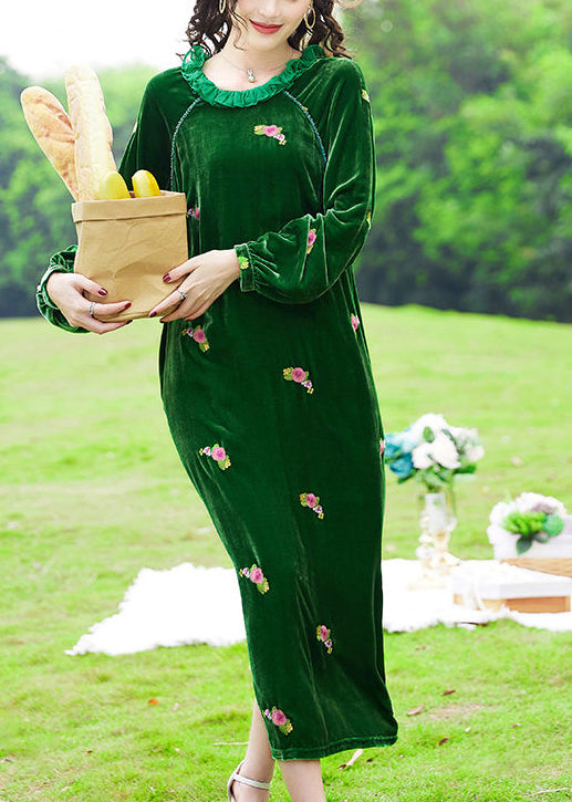 Chic Green Ruffled Embroideried Floral Silk Velour Maxi Dresses AC3004