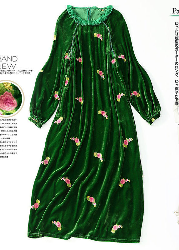 Chic Green Ruffled Embroideried Floral Silk Velour Maxi Dresses Spring LY0697 - fabuloryshop