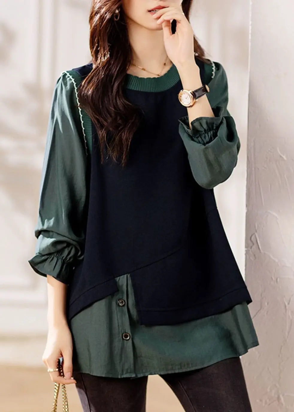 Chic Green Ruffled Knit Patchwork False Two Pieces Top Fall Ada Fashion