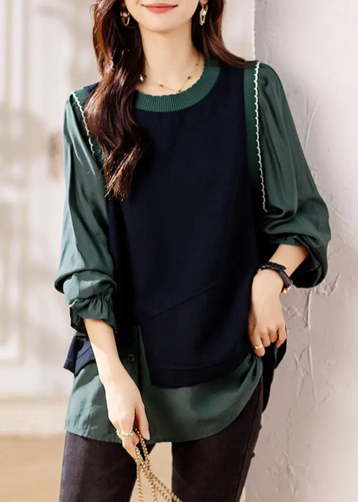 Chic Green Ruffled Knit Patchwork False Two Pieces Top Fall Ada Fashion