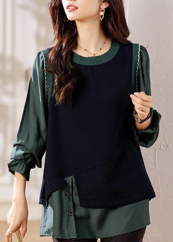 Chic Green Ruffled Knit Patchwork False Two Pieces Top Fall Ada Fashion