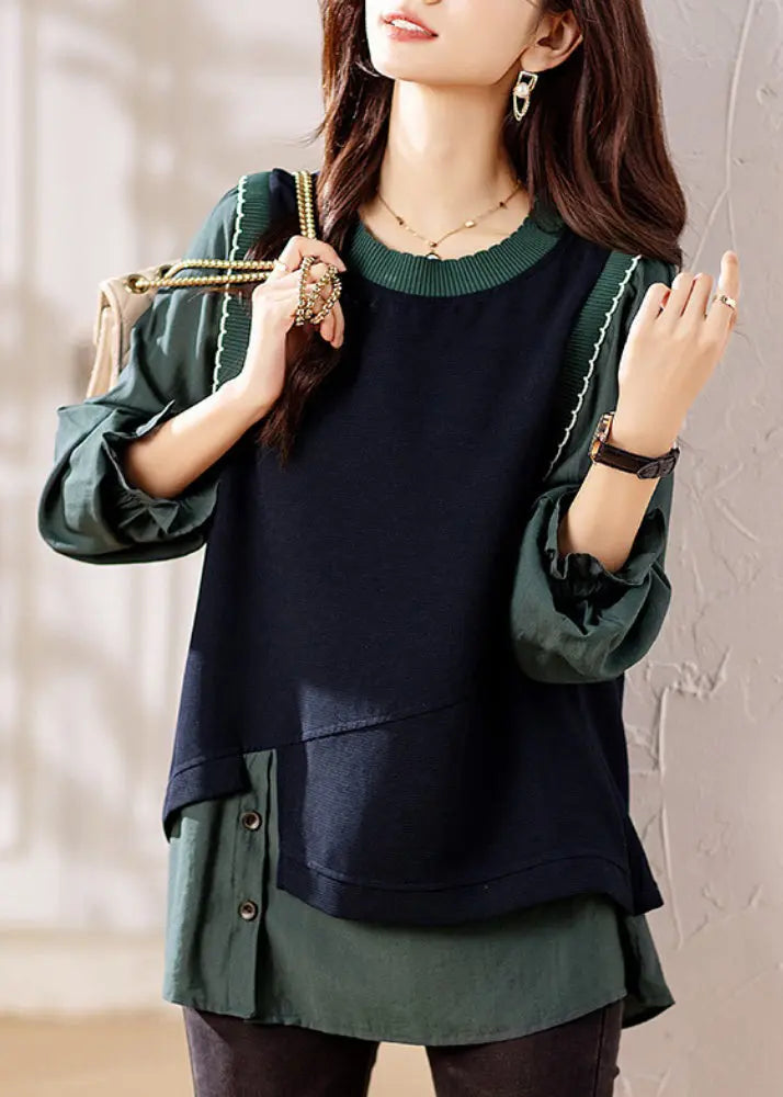 Chic Green Ruffled Knit Patchwork False Two Pieces Top Fall Ada Fashion