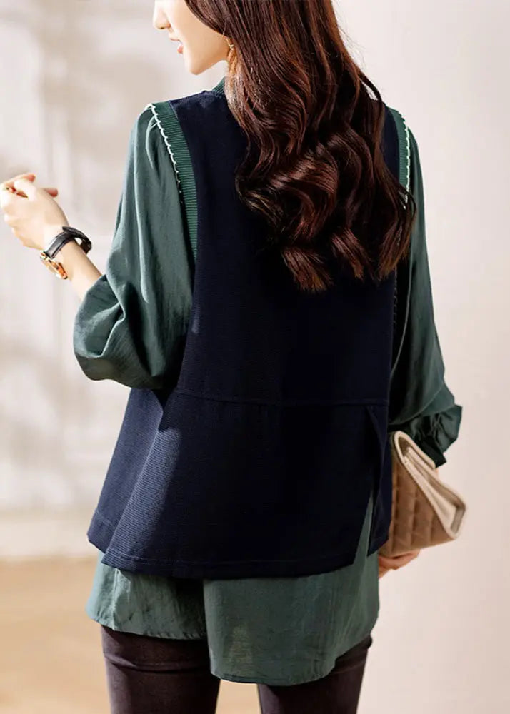 Chic Green Ruffled Knit Patchwork False Two Pieces Top Fall Ada Fashion