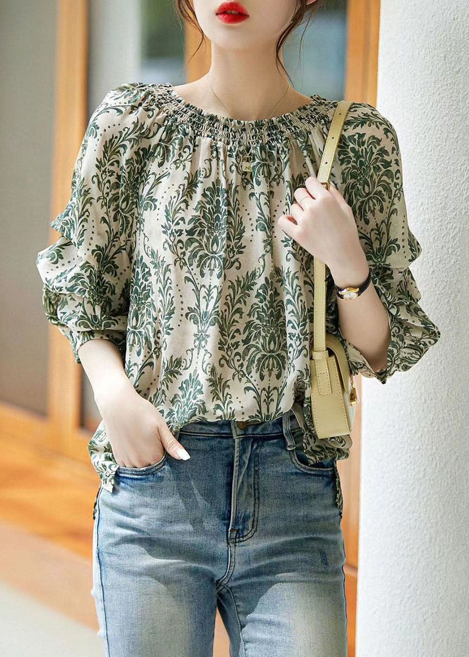 Chic Green Slash Neck Print Patchwork Chiffon Shirt Tops Summer TP1027 - fabuloryshop