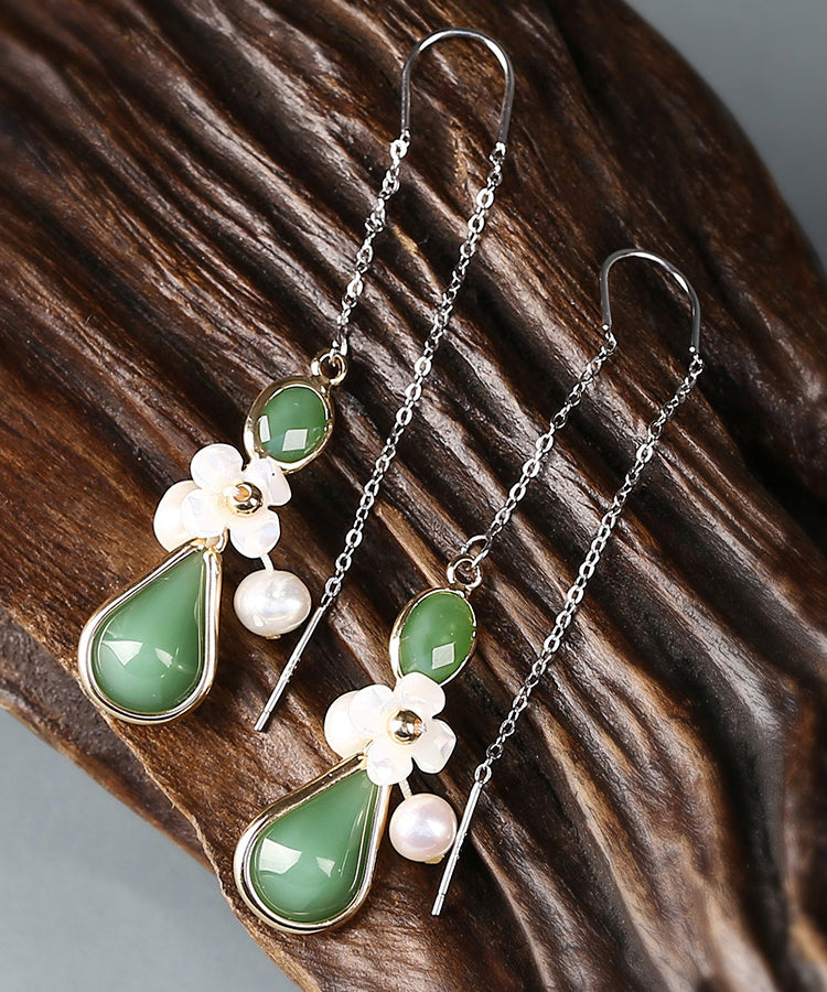 Chic Green Sterling Silver Coloured Glaze Pearl Shell Flower Drop Earrings LY2274