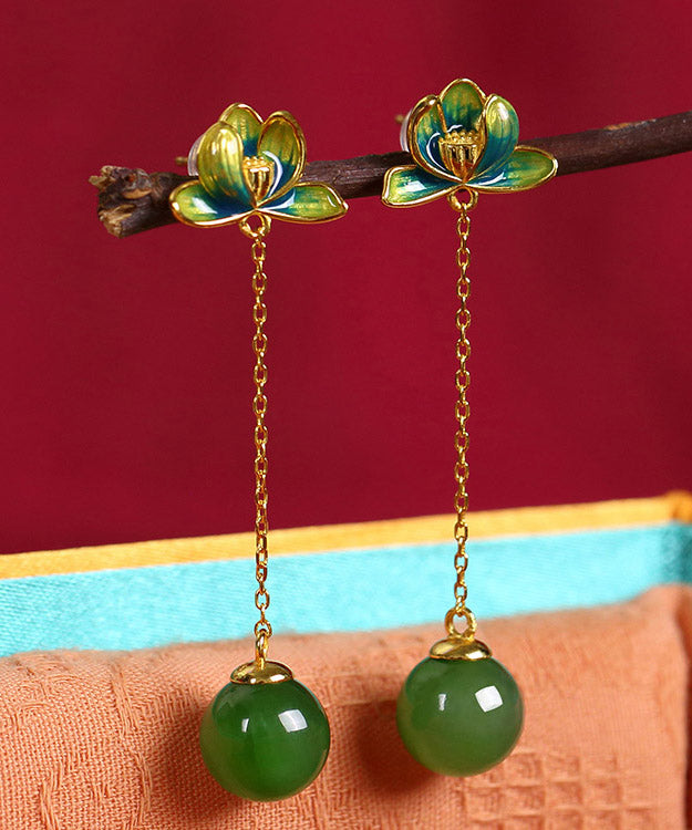 Chic Green Sterling Silver Jade Enamel Lotus Tassel Drop Earrings LY2212 - fabuloryshop