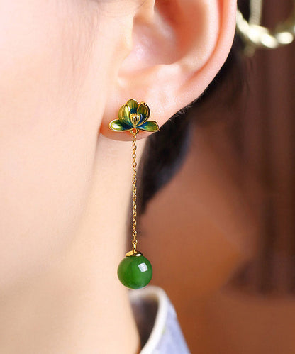 Chic Green Sterling Silver Jade Enamel Lotus Tassel Drop Earrings LY2212 - fabuloryshop