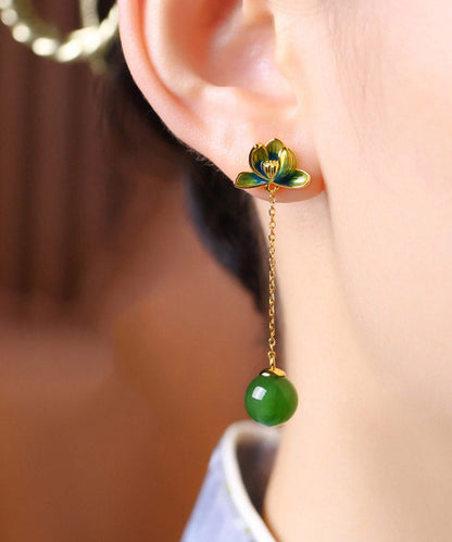 Chic Green Sterling Silver Jade Enamel Lotus Tassel Drop Earrings LY2212 - fabuloryshop