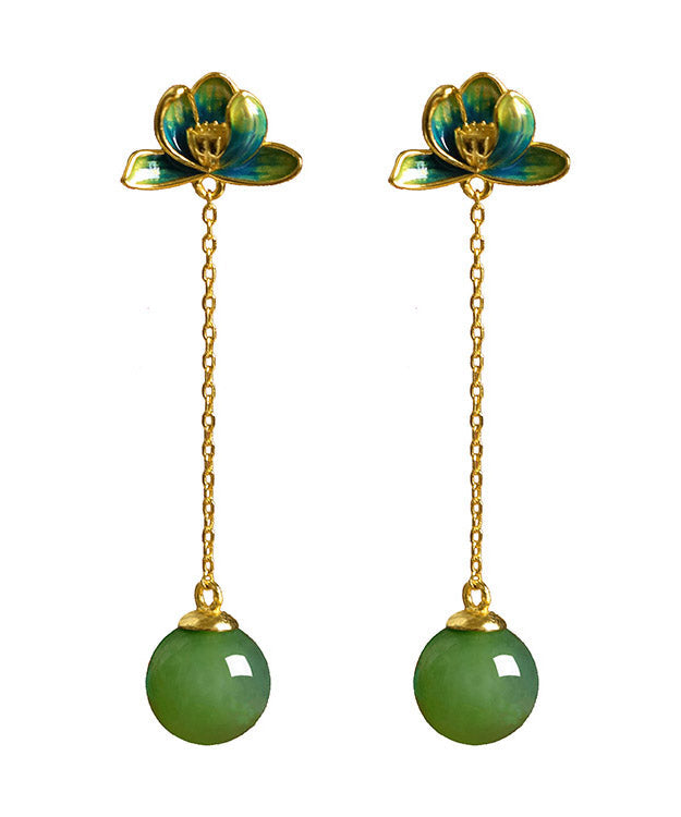 Chic Green Sterling Silver Jade Enamel Lotus Tassel Drop Earrings LY2212 - fabuloryshop