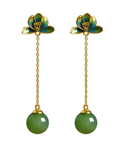 Chic Green Sterling Silver Jade Enamel Lotus Tassel Drop Earrings LY2212 - fabuloryshop