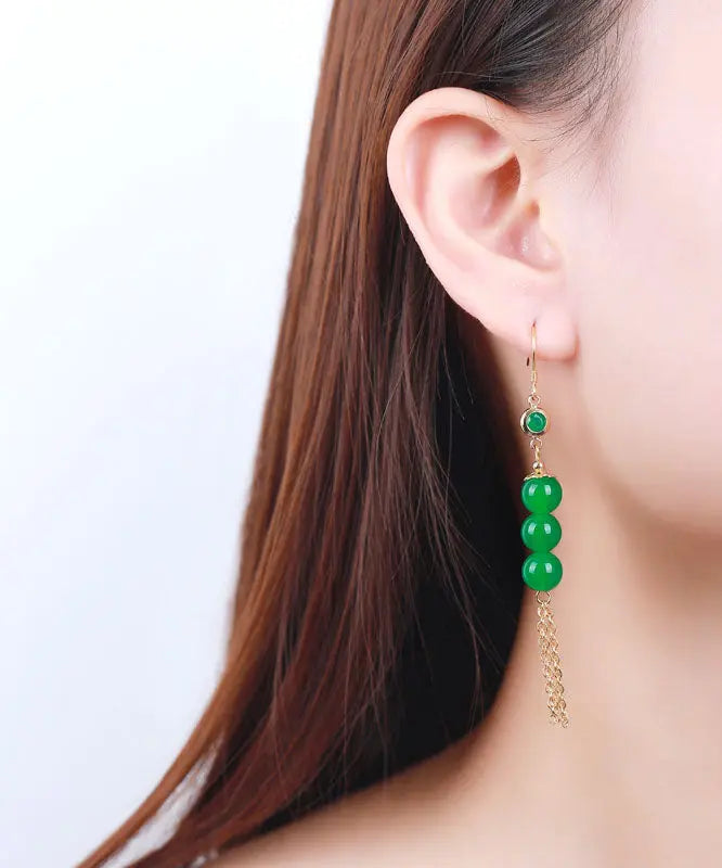 Chic Green Sterling Silver Overgild 14K Gold Jade Tassel Drop Earrings Ada Fashion