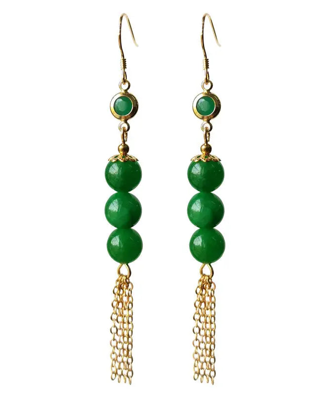Chic Green Sterling Silver Overgild 14K Gold Jade Tassel Drop Earrings Ada Fashion