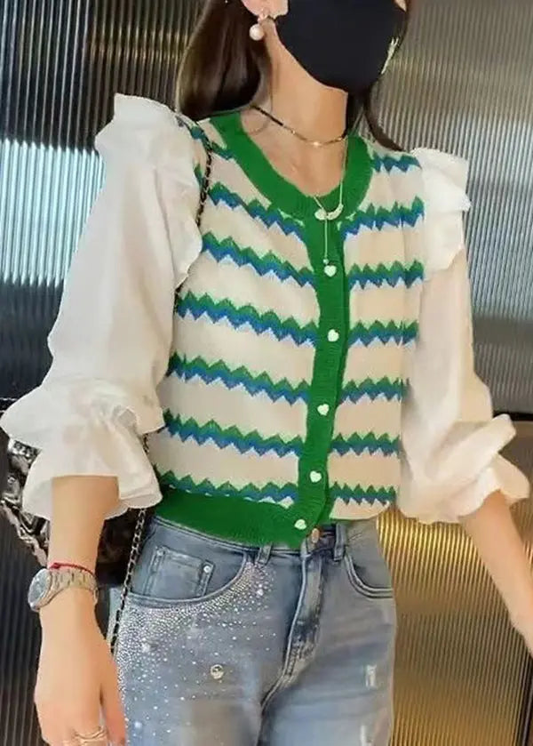 Chic Green Striped Ruffled Patchwork Knit Blouse Tops Fall Ada Fashion