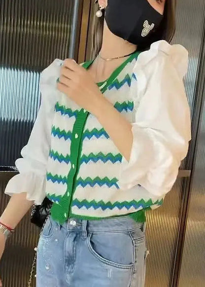 Chic Green Striped Ruffled Patchwork Knit Blouse Tops Fall Ada Fashion