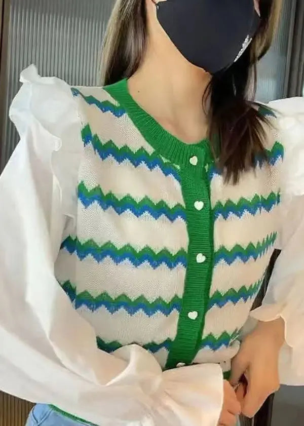 Chic Green Striped Ruffled Patchwork Knit Blouse Tops Fall Ada Fashion