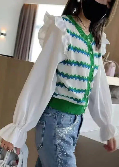 Chic Green Striped Ruffled Patchwork Knit Blouse Tops Fall Ada Fashion