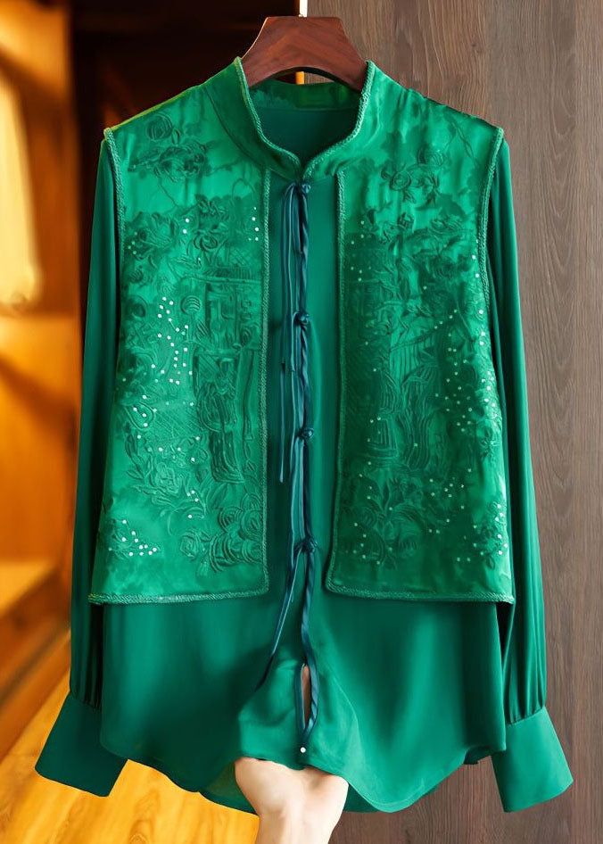 Chic Green Tasseled Jacquard Patchwork Silk Shirt Top Spring LC0232 - fabuloryshop