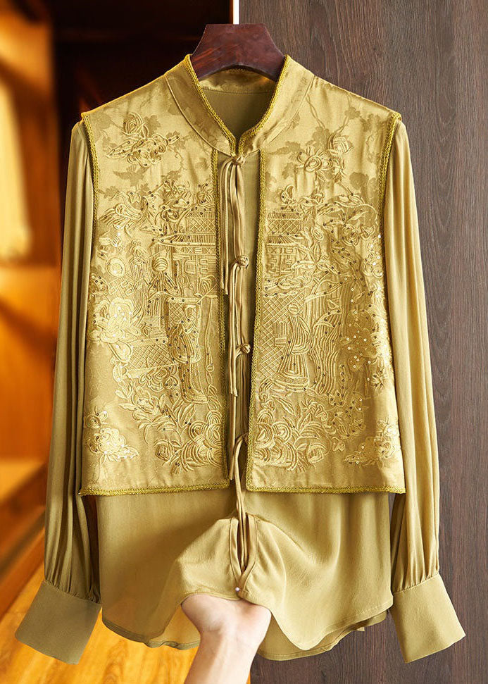 Chic Green Tasseled Jacquard Patchwork Silk Shirt Top Spring LC0232 - fabuloryshop