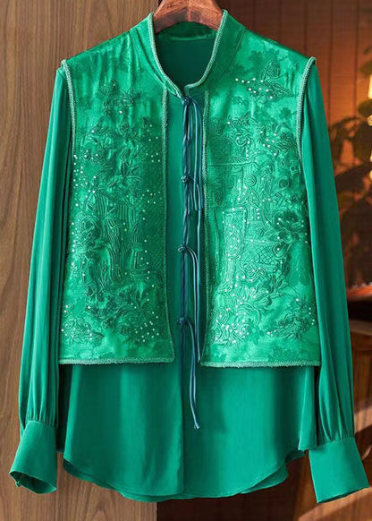 Chic Green Tasseled Jacquard Patchwork Silk Shirt Top Spring LC0232 - fabuloryshop