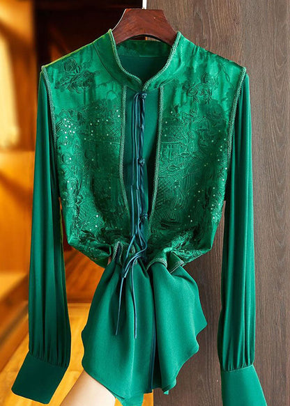 Chic Green Tasseled Jacquard Patchwork Silk Shirt Top Spring LC0232 - fabuloryshop