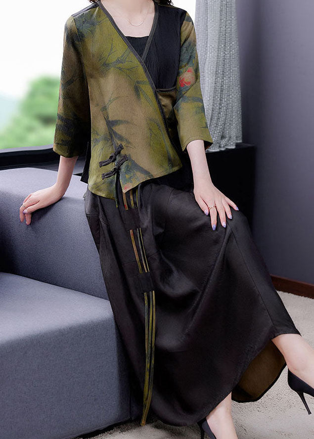 Chic Green V Neck Patchwork Tasseled Oriental Button Silk Two Piece Set Summer LY2253 - fabuloryshop