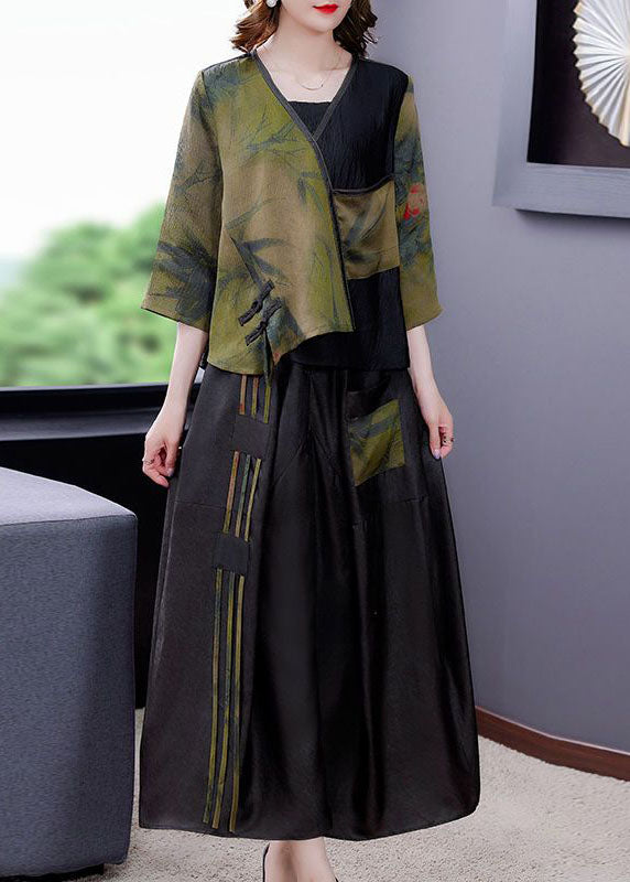 Chic Green V Neck Patchwork Tasseled Oriental Button Silk Two Piece Set Summer LY2253 - fabuloryshop