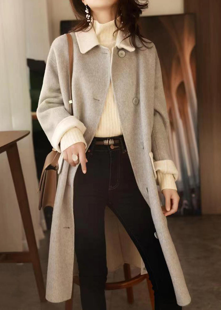 Chic Grey Button Pockets Patchwork Woolen Long Coat Fall Ada Fashion