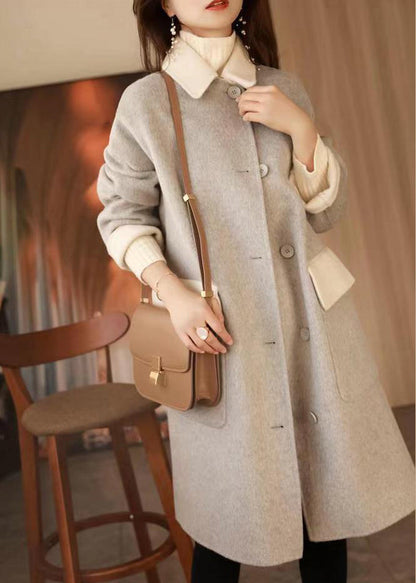 Chic Grey Button Pockets Patchwork Woolen Long Coat Fall Ada Fashion