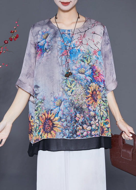 Chic Grey Oversized Patchwork Print Silk Shirts Summer Ada Fashion