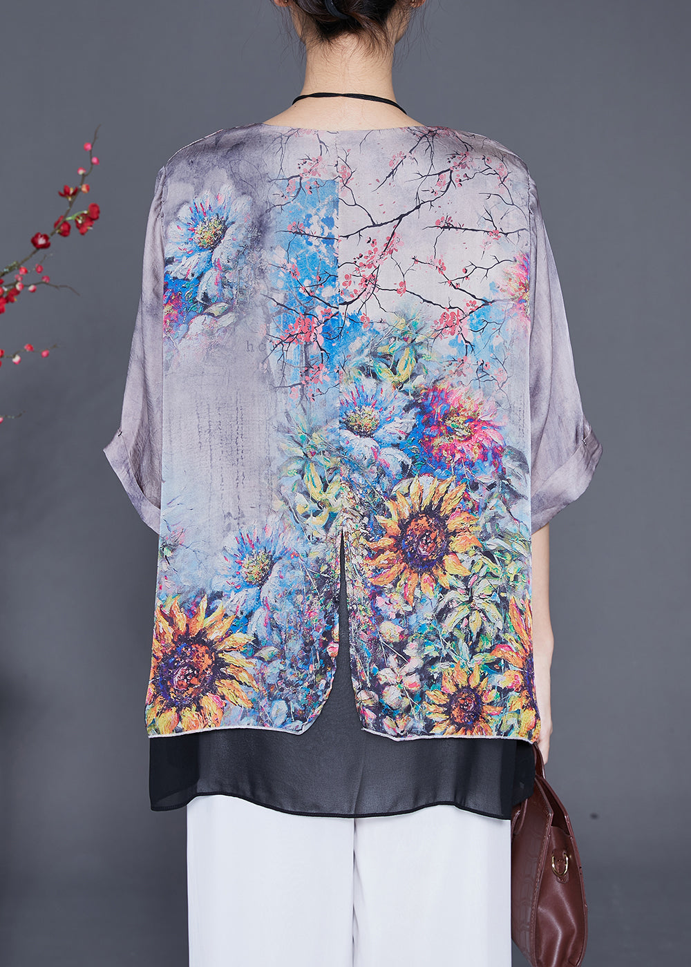 Chic Grey Oversized Patchwork Print Silk Shirts Summer Ada Fashion