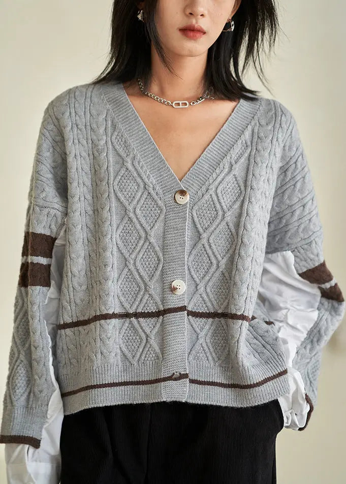 Chic Grey V Neck Button  Cotton Knit Top Fall Ada Fashion