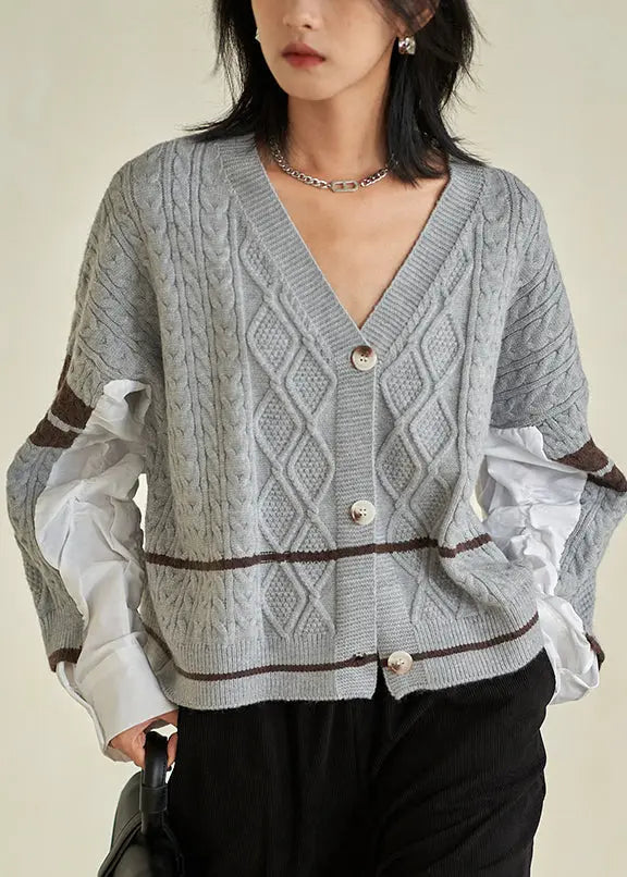 Chic Grey V Neck Button  Cotton Knit Top Fall Ada Fashion