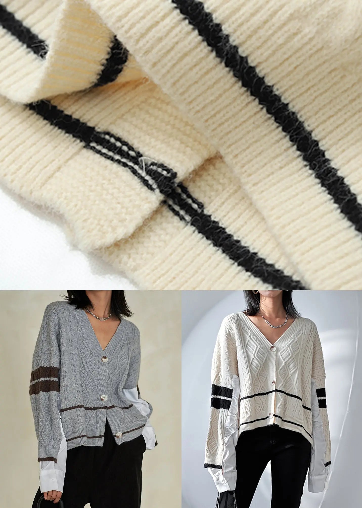 Chic Grey V Neck Button  Cotton Knit Top Fall Ada Fashion