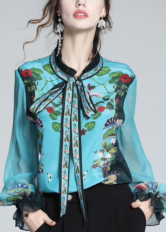 Chic Indigo Stand Collar Print Tie Waist Silk Shirt Long Sleeve LY1039 - fabuloryshop