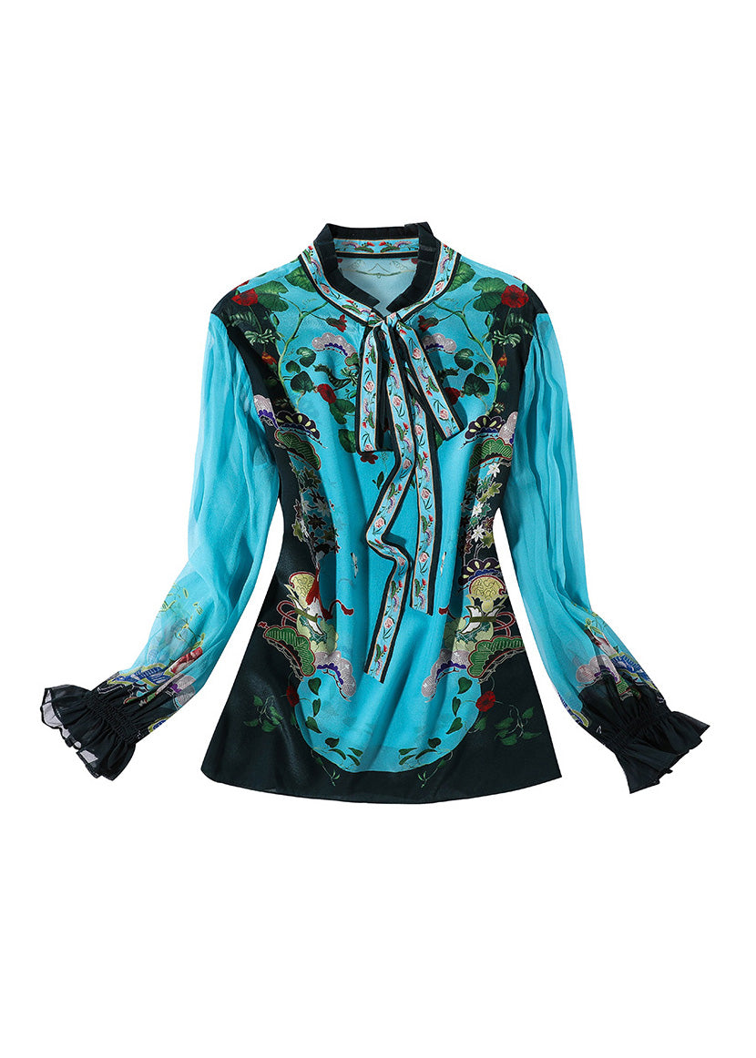 Chic Indigo Stand Collar Print Tie Waist Silk Shirt Long Sleeve LY1039 - fabuloryshop