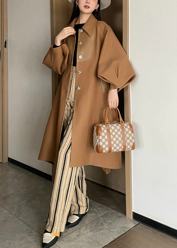 Chic Khaki Button Tie Waist Patchwork Woolen Trench Coats Lantern Sleeve Ada Fashion