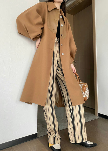 Chic Khaki Button Tie Waist Patchwork Woolen Trench Coats Lantern Sleeve Ada Fashion