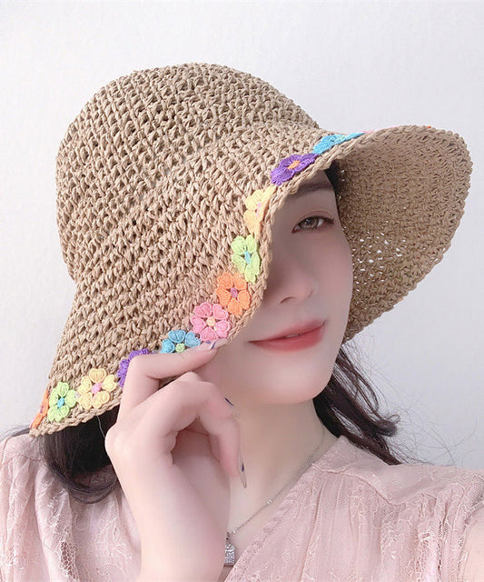 Chic Khaki Floral Straw Woven Floppy Sun Hat LY525 - fabuloryshop