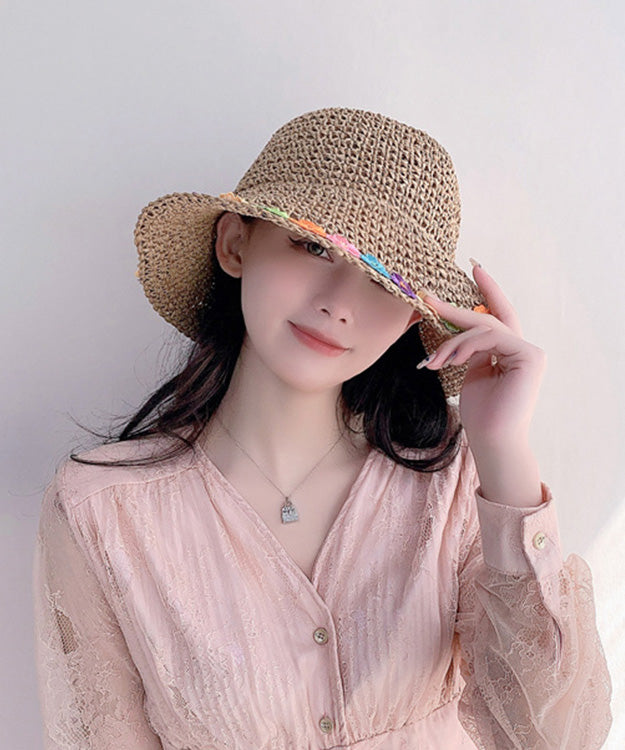 Chic Khaki Floral Straw Woven Floppy Sun Hat LY525 - fabuloryshop