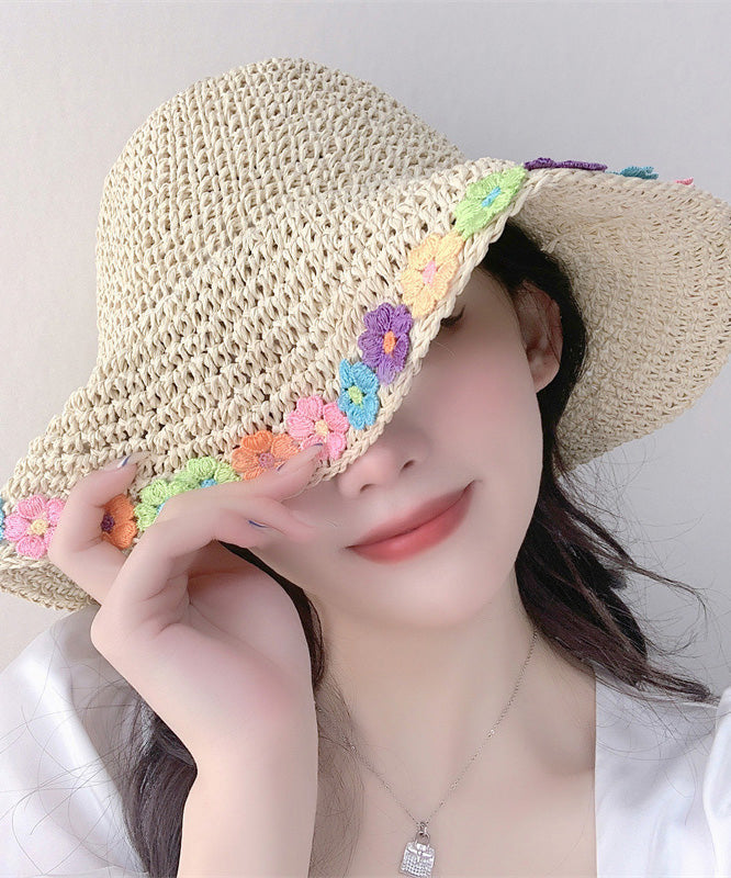 Chic Khaki Floral Straw Woven Floppy Sun Hat LY525 - fabuloryshop