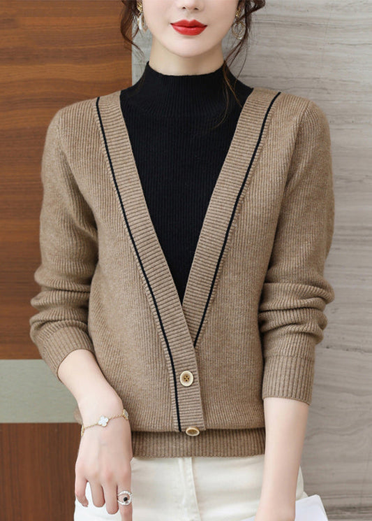 Khaki Half Hign Neck Knit Sweater Tops