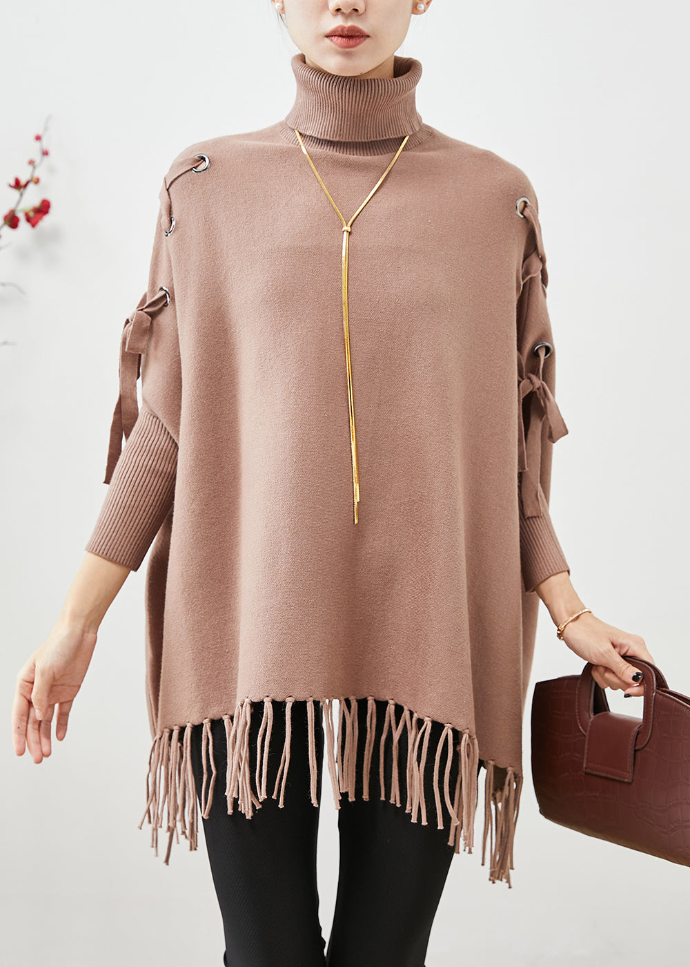 Chic Khaki High Neck Oversized Tasseled Knitted Tops Batwing Sleeve Ada Fashion