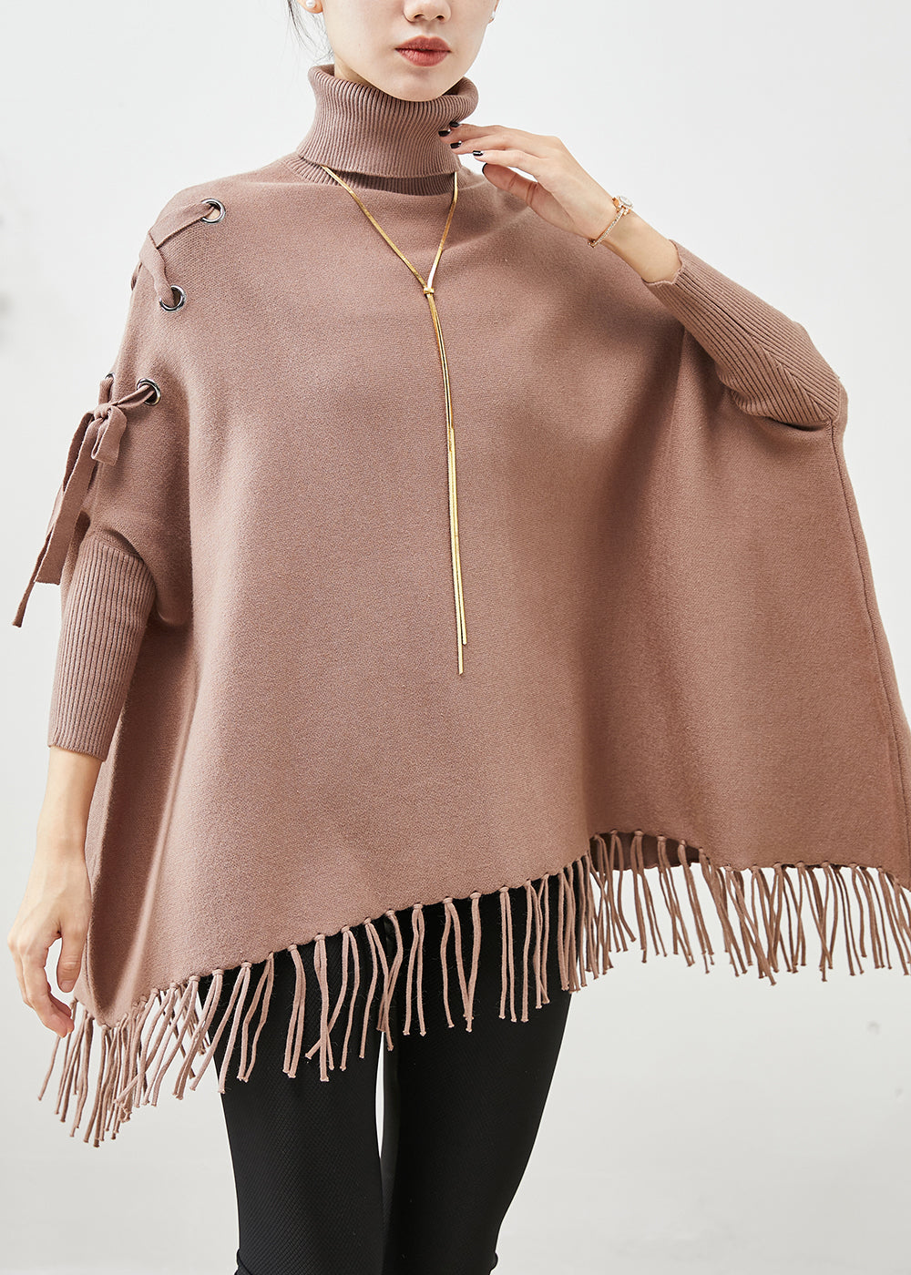 Chic Khaki High Neck Oversized Tasseled Knitted Tops Batwing Sleeve Ada Fashion