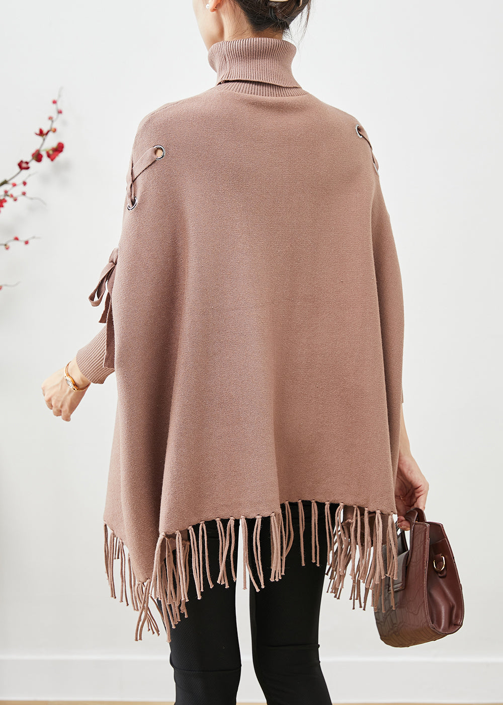 Chic Khaki High Neck Oversized Tasseled Knitted Tops Batwing Sleeve Ada Fashion