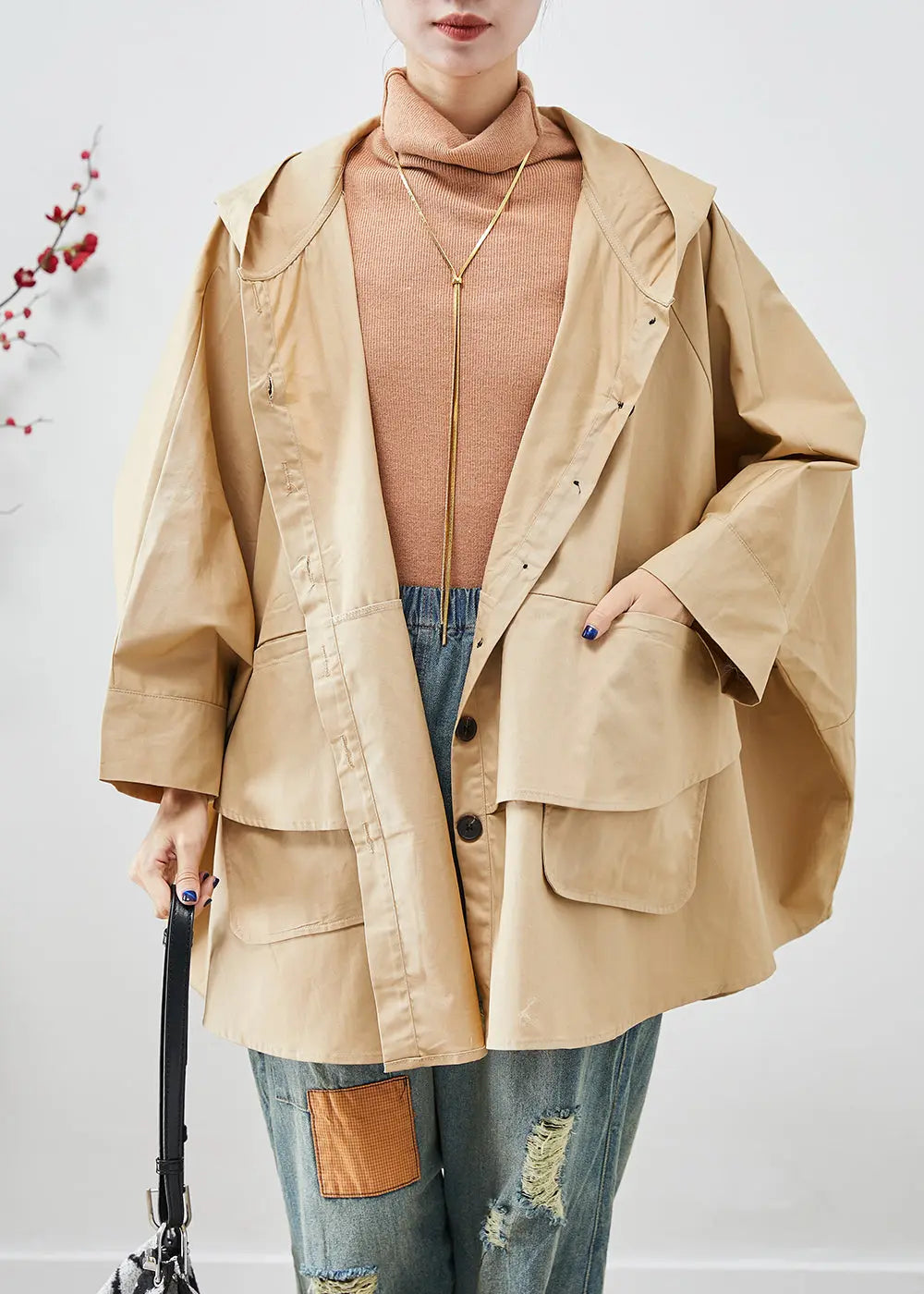 Chic Khaki Oversized Patchwork Cotton Coats Batwing Sleeve Ada Fashion