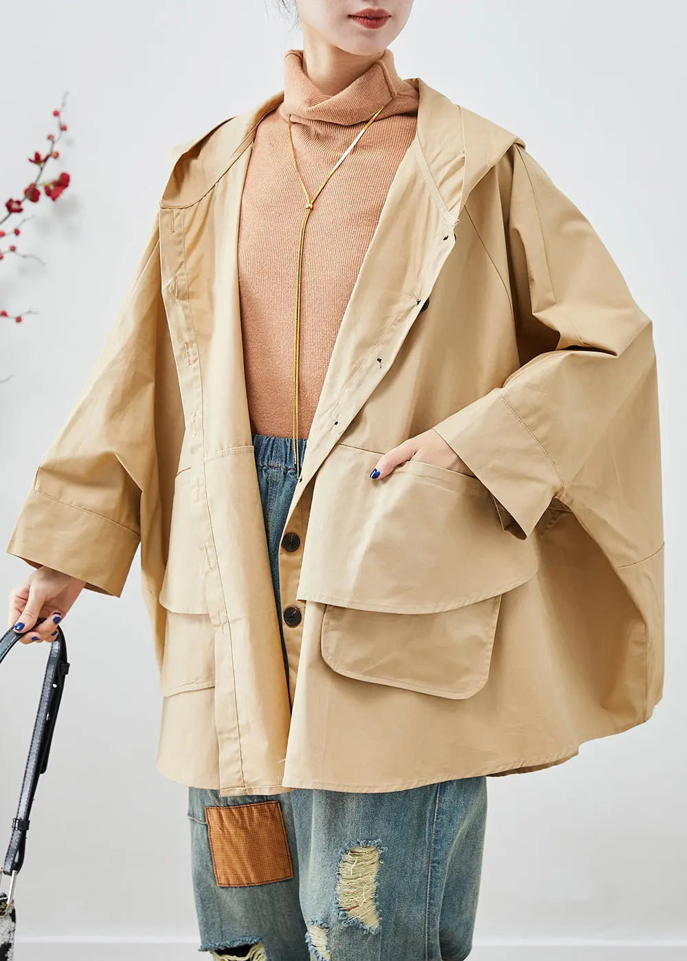 Chic Khaki Oversized Patchwork Cotton Coats Batwing Sleeve Ada Fashion